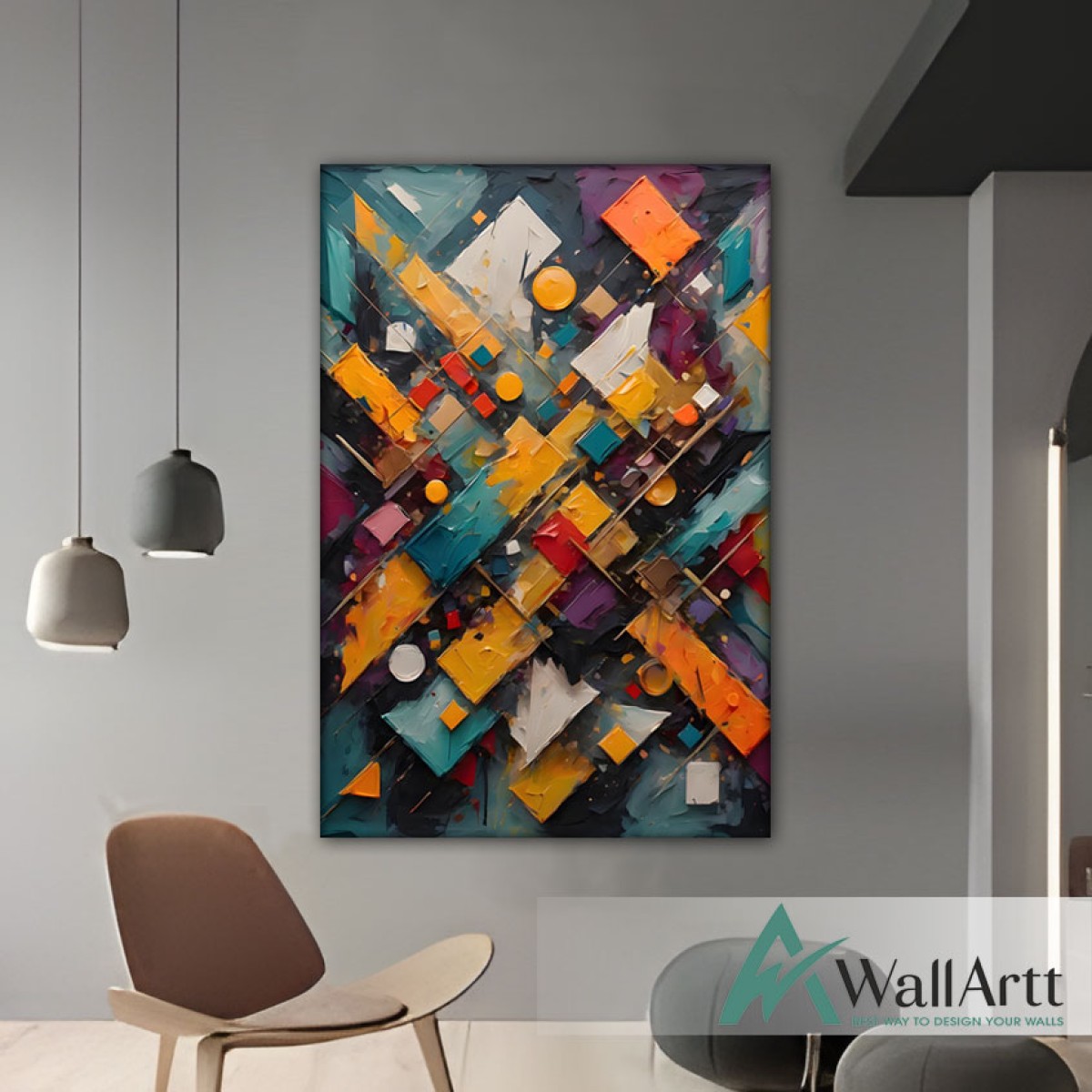 Orange Yellow Shapes 3d Heavy Textured Partial Oil Painting - Wall Art